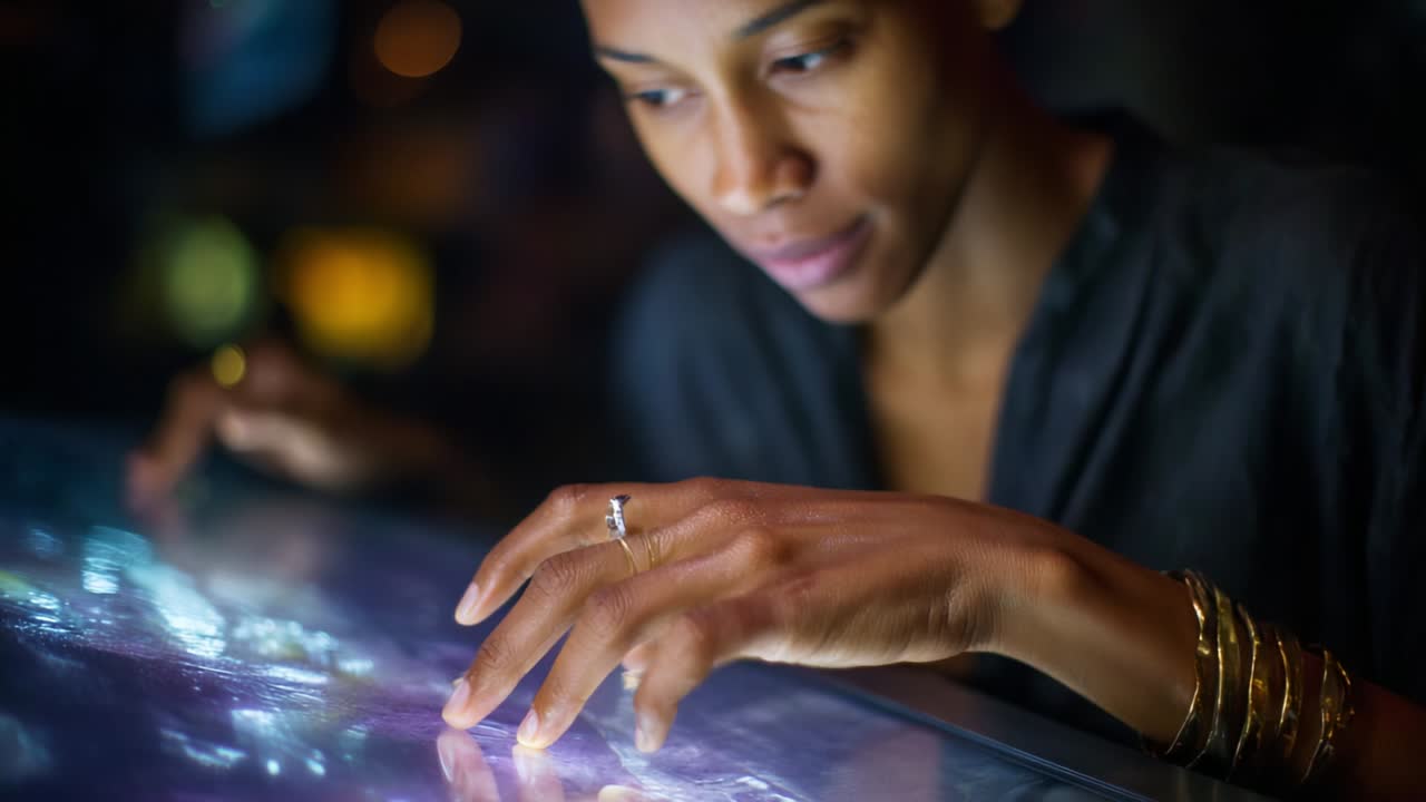 A woman interacts with a digital touchscreen at a contemporary exhibition, her focused expression and delicate touch indicating an engagement with technology and innovation in a modern setting