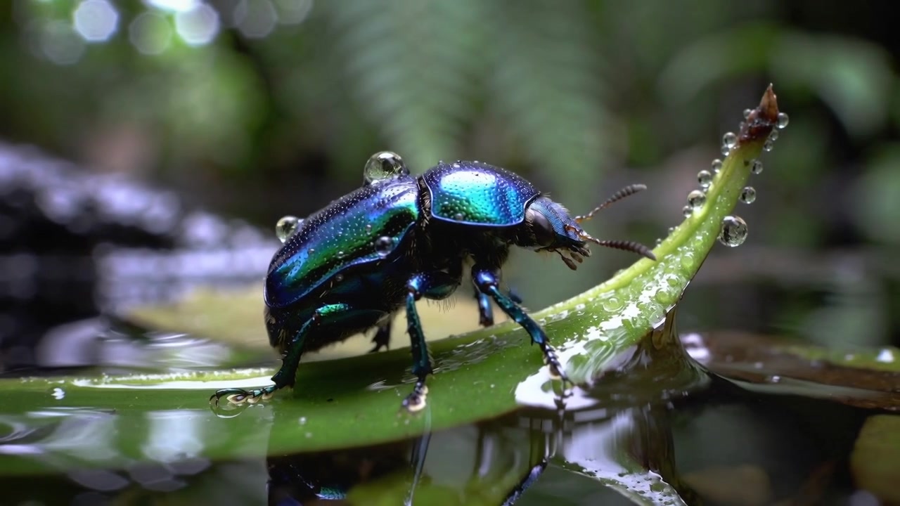 Sentindo gotículas, besouro azul-esverdeado caminhando por uma folha molhada no chão de samambaias em direção à ponta sobre uma pequena poça.