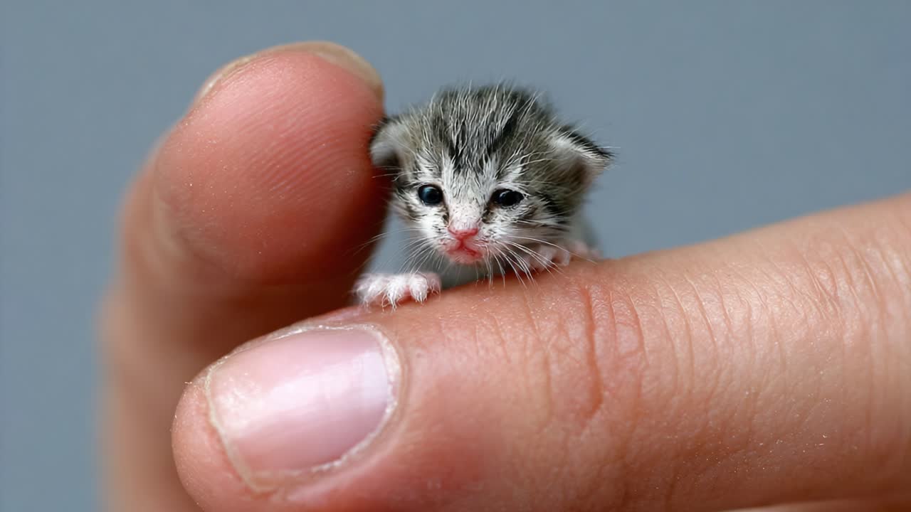 Un adorabile gattino tenuto delicatamente tra le dita, che mette in mostra vulnerabilità e dolcezza in un toccante momento di connessione