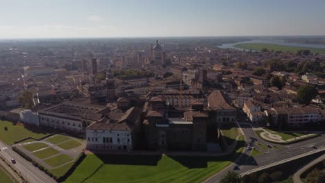 Mantova-aerial-establishing-shot-with-view-of-historical-center-on-a-sunny-day