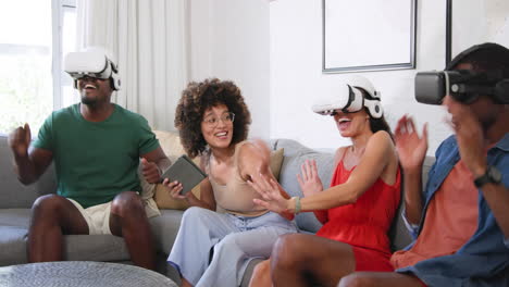 diverse friends enjoying virtual reality gaming together, wearing vr headsets on couch
