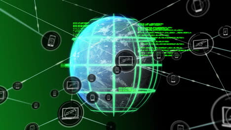 animación de la red de conexiones con iconos de dispositivos electrónicos en todo el mundo