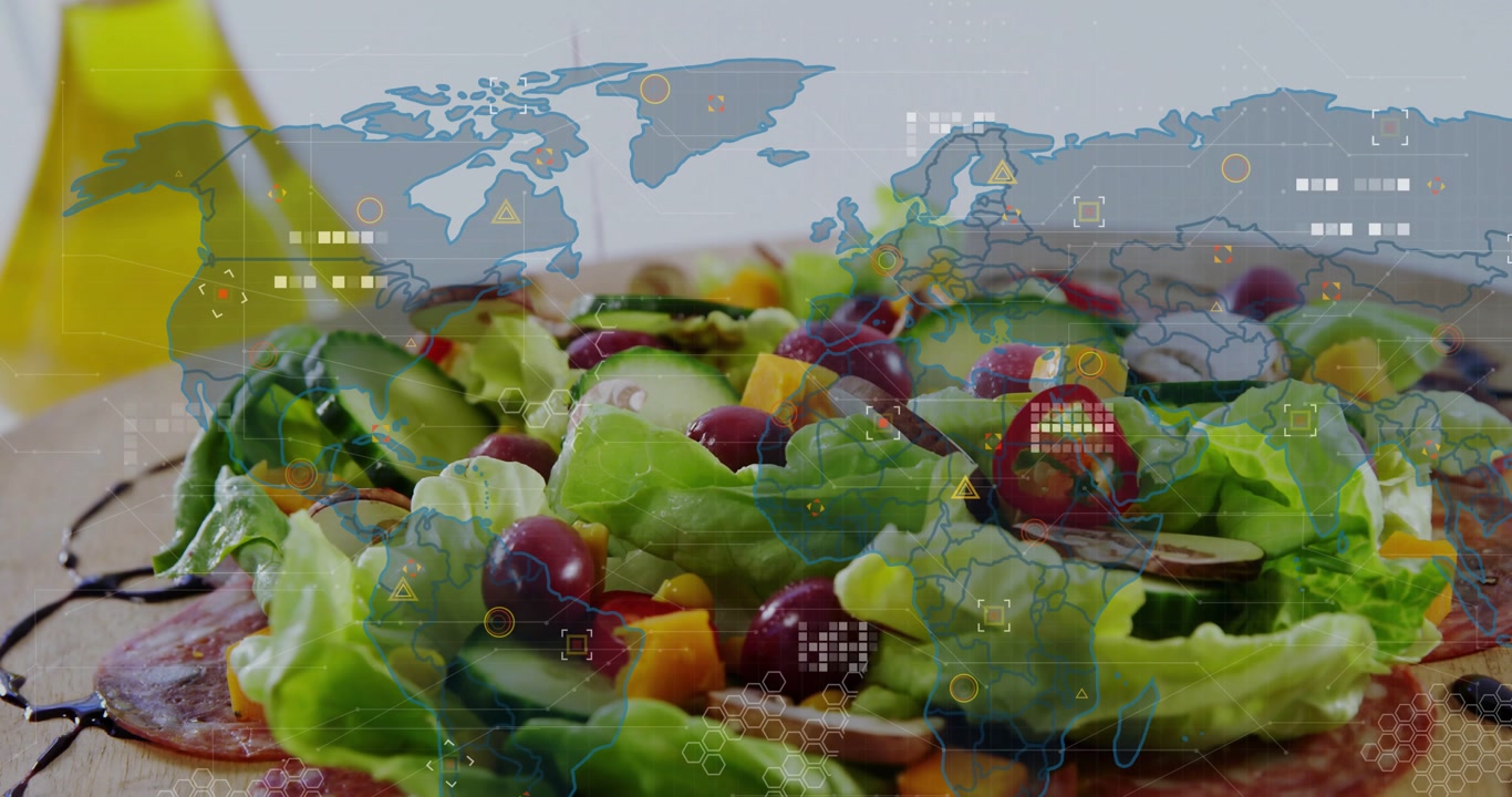 Camera focusing on salad on plate, map overlay appearing and HUD nodes animating to show origins