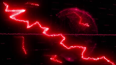 Animation-of-glowing-red-lightning-flashes-over-red-globe-and-data-processing-on-black-background