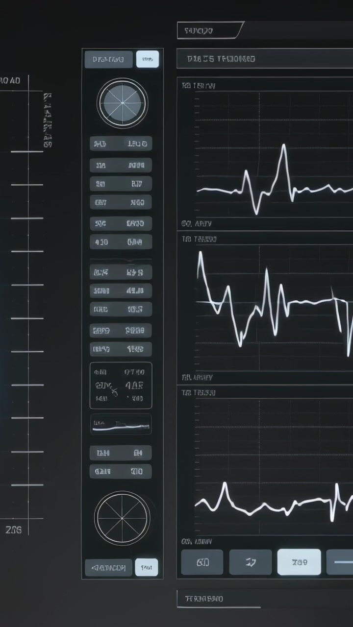 Vertical video: Receiving signal causing monitor showing live traces at console, with button column