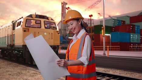 side view of asian female engineer with safety helmet looking at blueprint in her hands with freight cargo train at port