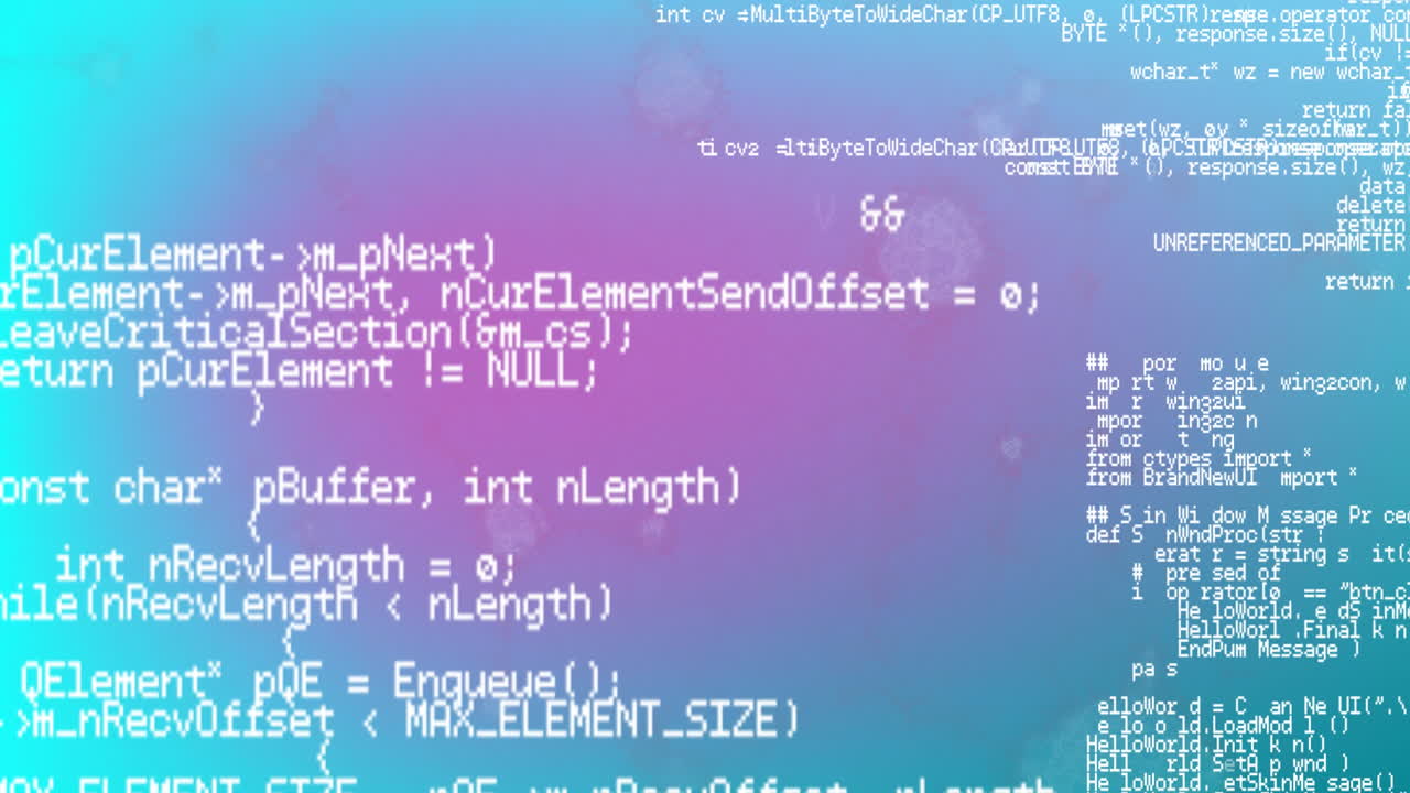 Animation of programming code over gradient background with abstract design elements