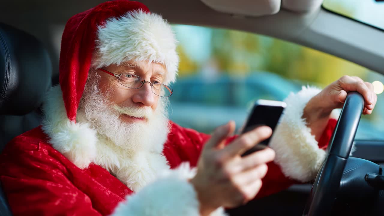 Santa Claus Checks Messages on His Phone While Driving, Blending Tradition with Modern Technology in a Holiday-Themed Scene Full of Cheer and Festivity