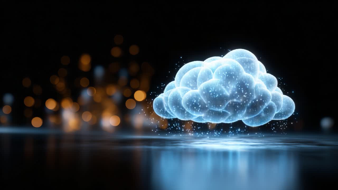 A mesmerizing cloud formation illuminated by sparkling lights, creating a dreamlike ambiance with glimmers and soft reflections against a dark background