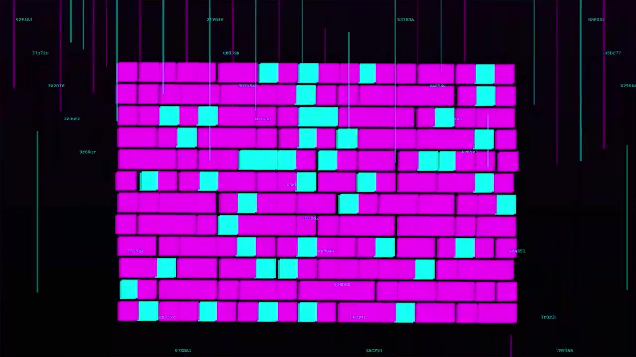 Animazione Glitch Digitale Astratta con Blocchi Rosa Neon e Ciano