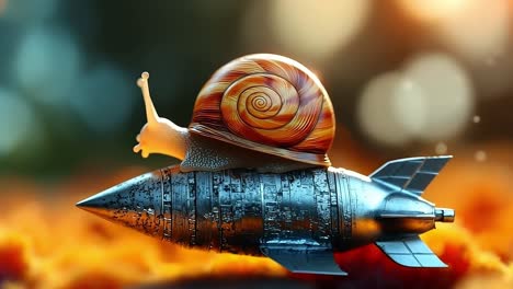 snail on a rocket model. a colorful snail moves atop a metallic rocket in a vibrant outdoor setting during sunset.