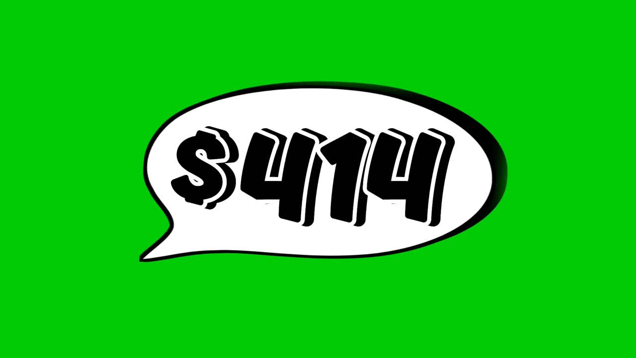 Animation $414 dollar price in a speech bubble green screen. Perfect for sales, ads, or promo videos. Easy to use and customize in your projects video element