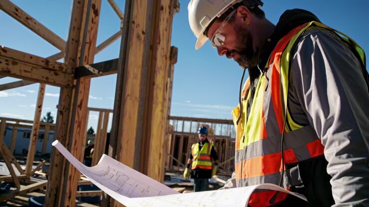 A construction worker reviews blueprints on-site. Captured from a side angle, the video highlights