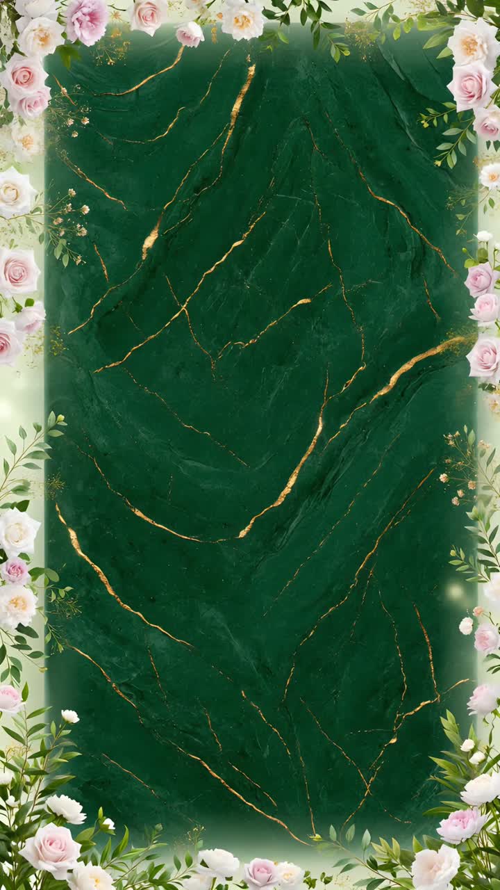 Elegant Wedding Background Emerald Marble Gold Floral Luxury Empty Center 4K