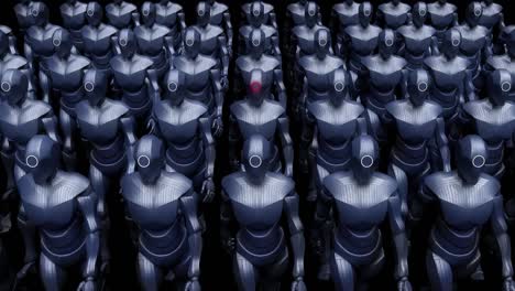 high tech advanced ai robot army marching slowly. perfect loop.