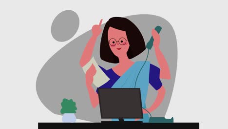una mujer trabajadora del sur de asia o de la india haciendo múltiples tareas en un escritorio de oficina en una representación animada