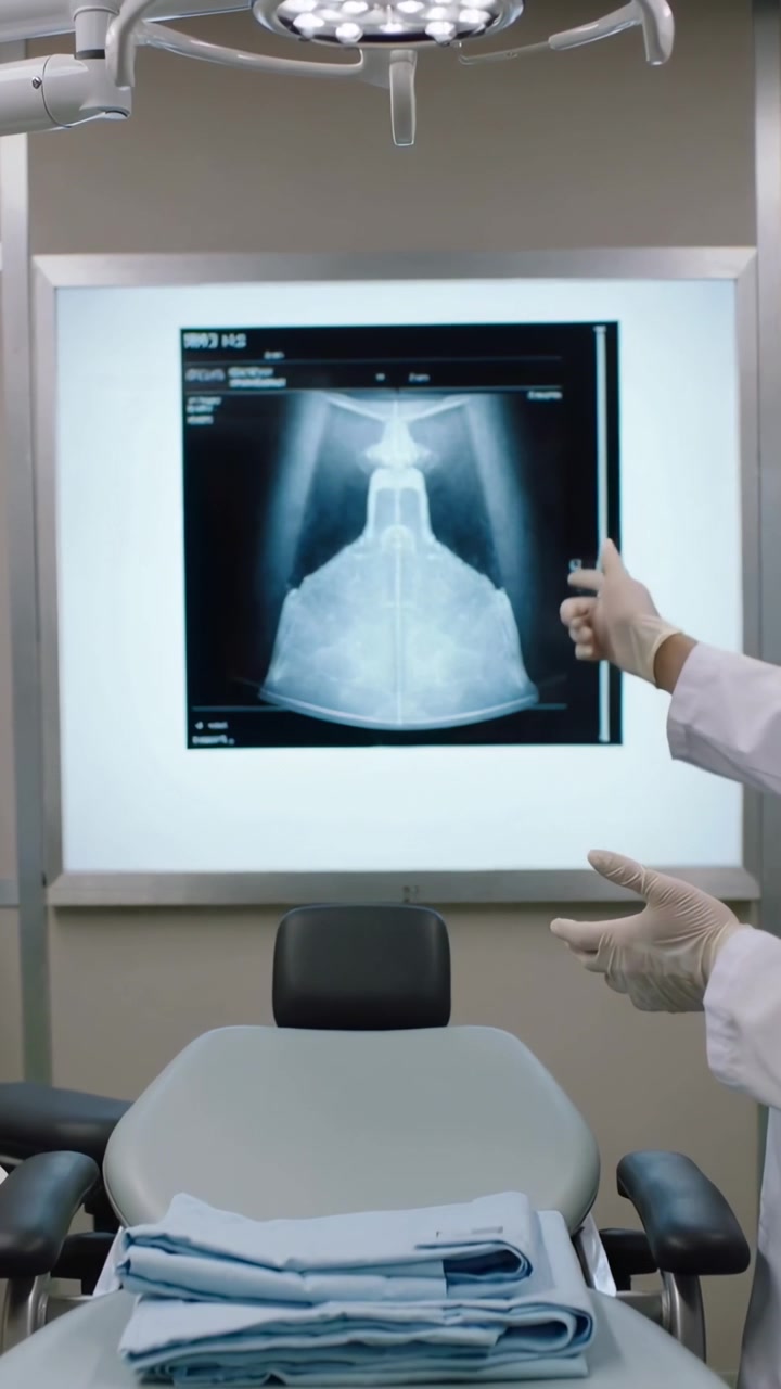 Dikey video: Maskeli bir doktorun klinikte eldivenli eliyle röntgen kutusunu işaret etmesi, sandalyeli bir gösterim.