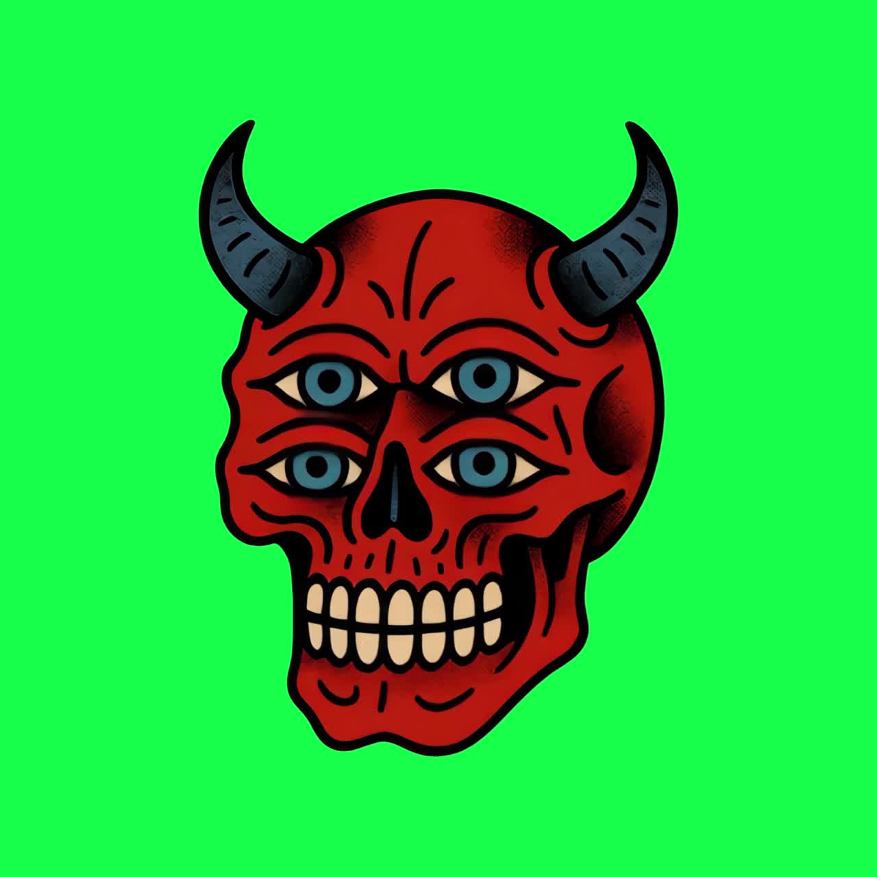 Vibrant demonic skull illustration animation, transparent 4K video, green screen