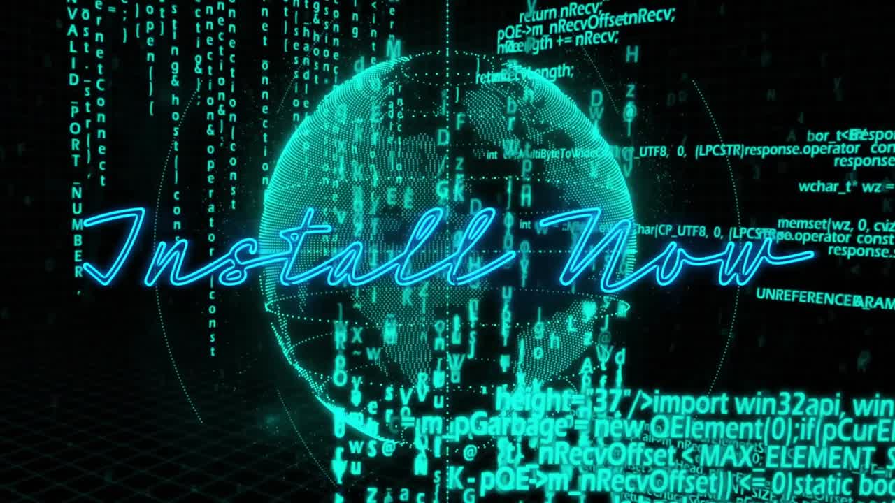 緑色のコードが起動し、地球が出現。ネオンブルーの「今すぐインストール」という点滅するコードが回転しながら表示され、インストールを促す。