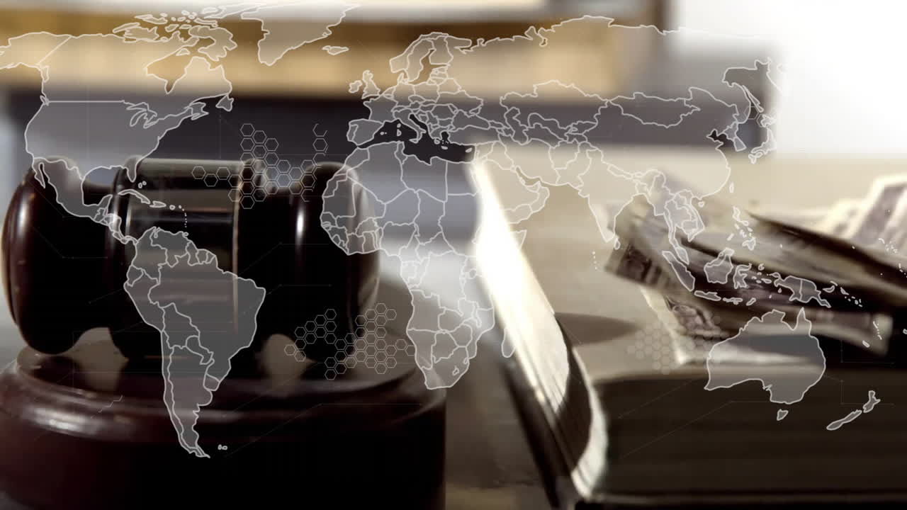 Animation of world map and globe over banknotes and gavel