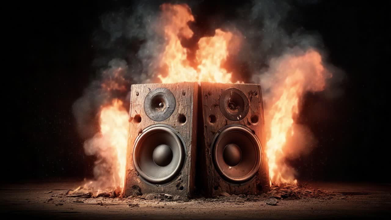 Explosive Sound: A Dramatic Display of Fire Engulfing Powerful Speakers in a Stunning Visual Contrast of Audio and Pyrotechnics