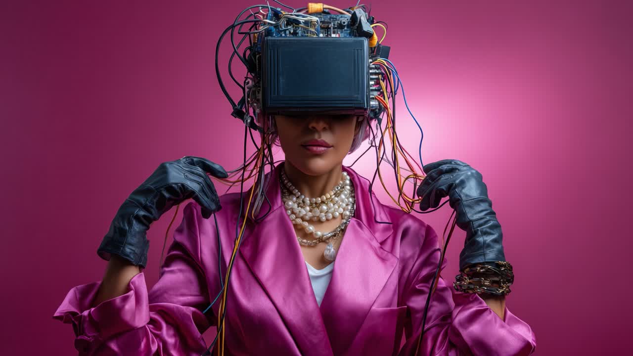 Moda futurista: Una mujer con una chaqueta rosa, un monitor vintage como tocado y cables de colores, fusionando tecnología y estilo en una exhibición creativa
