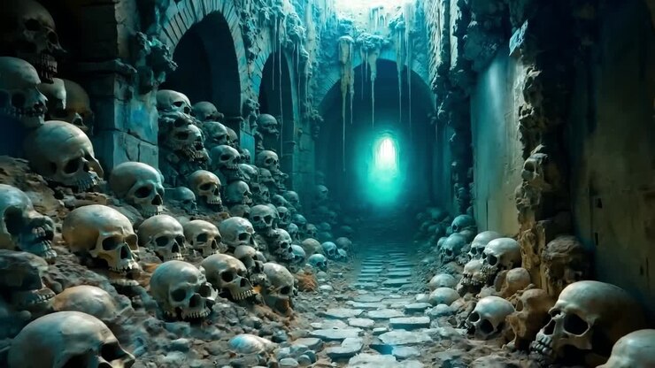 Un tunnel buio pieno di teschi con una luce in fondo.