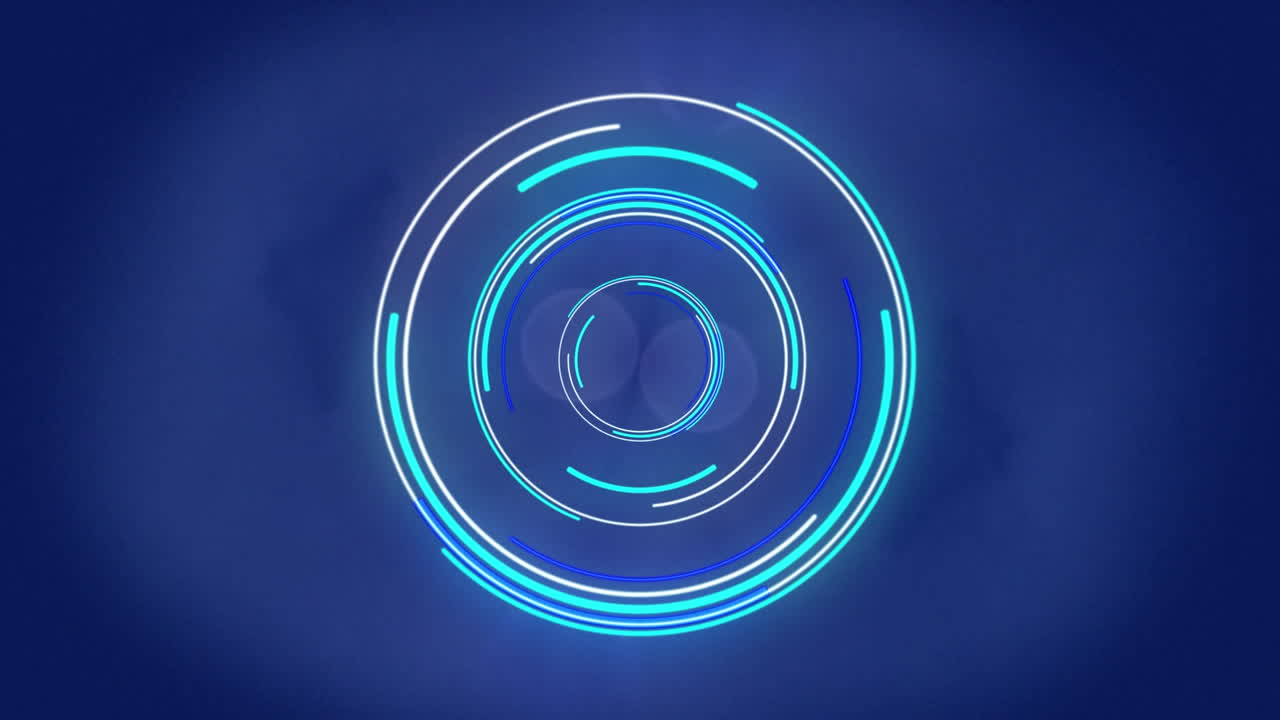 Neon round scanner spinning against spots of light against blue background