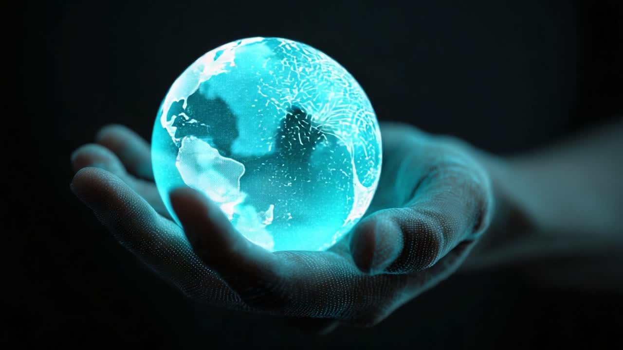 Glowing Holographic Sphere Held in a Hand, Representing a Fusion of Technology and Nature, Evoking a Sense of Wonder and Innovation in a Dark Environment
