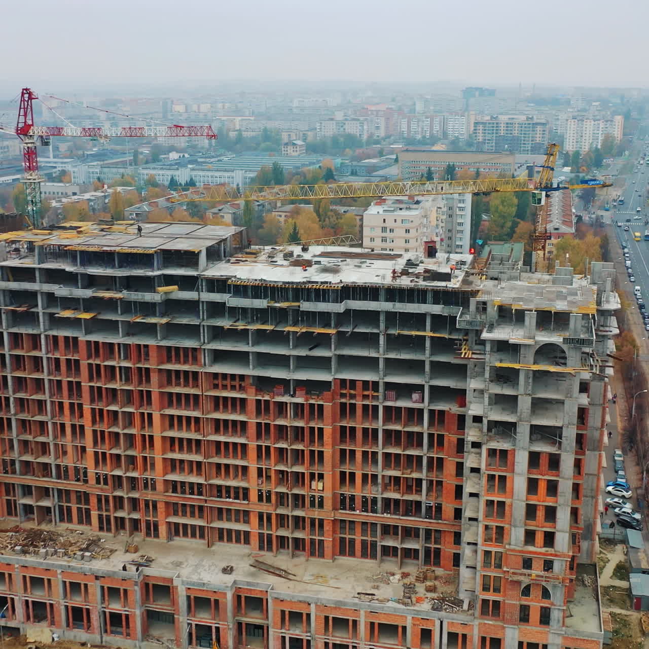 Construction of a residential apartment complex. Aerial view.