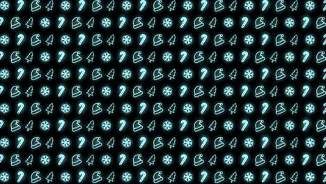 Neon-Christmas-Pattern-Background-of-Christmas-Tree,-Snowflake,-Santa-Hat-and-Candy-Cane-in-Cyan-and-Black-Looping-animation