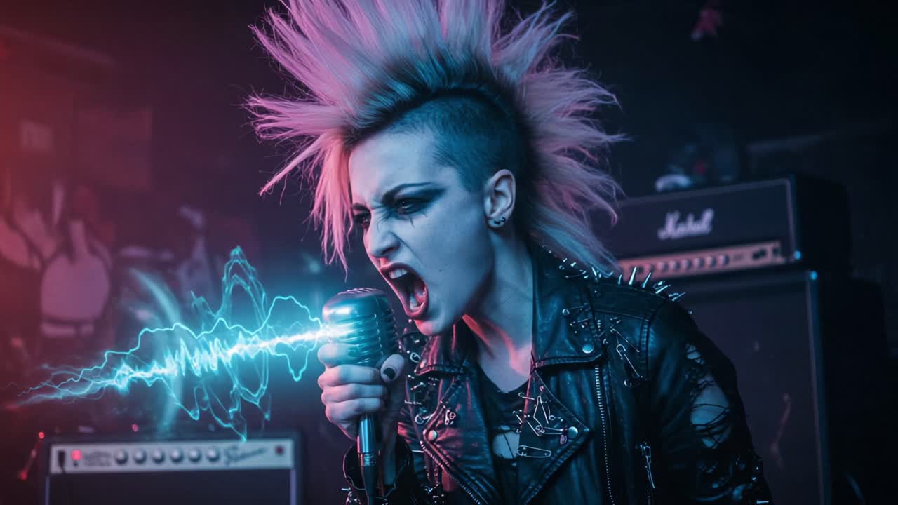 Sähköistävä punk-esitys vangitsee hetken intensiteetin, esitellen laulajan raivokkaan ilmeen ja energian eloisassa lava-ilmapiirissä.