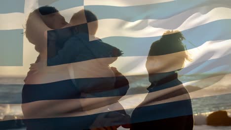 Animación-De-La-Bandera-De-Grecia-Sobre-Padres-Caucásicos-Con-Un-Niño-En-La-Playa.