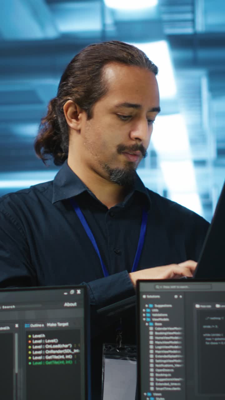Male Programmer Coding on Laptop in Server Room