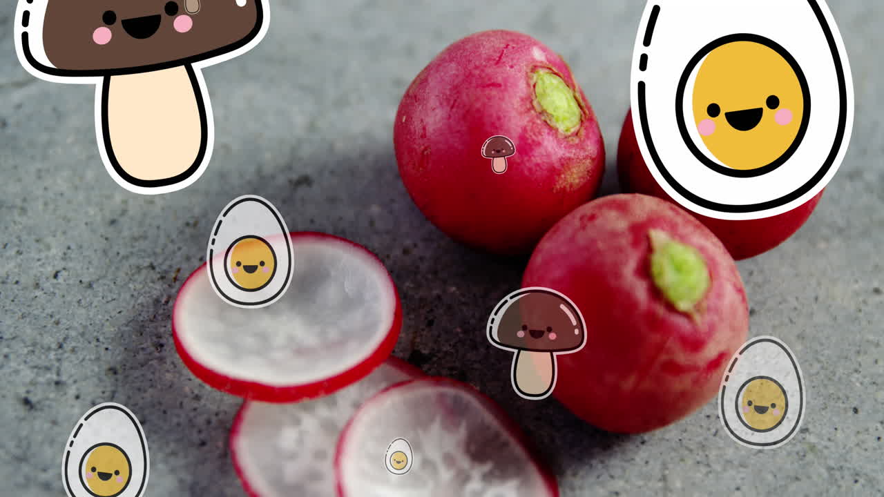 라디쉬 위에 떨어지는 행복한 음식 아이콘의 비디오