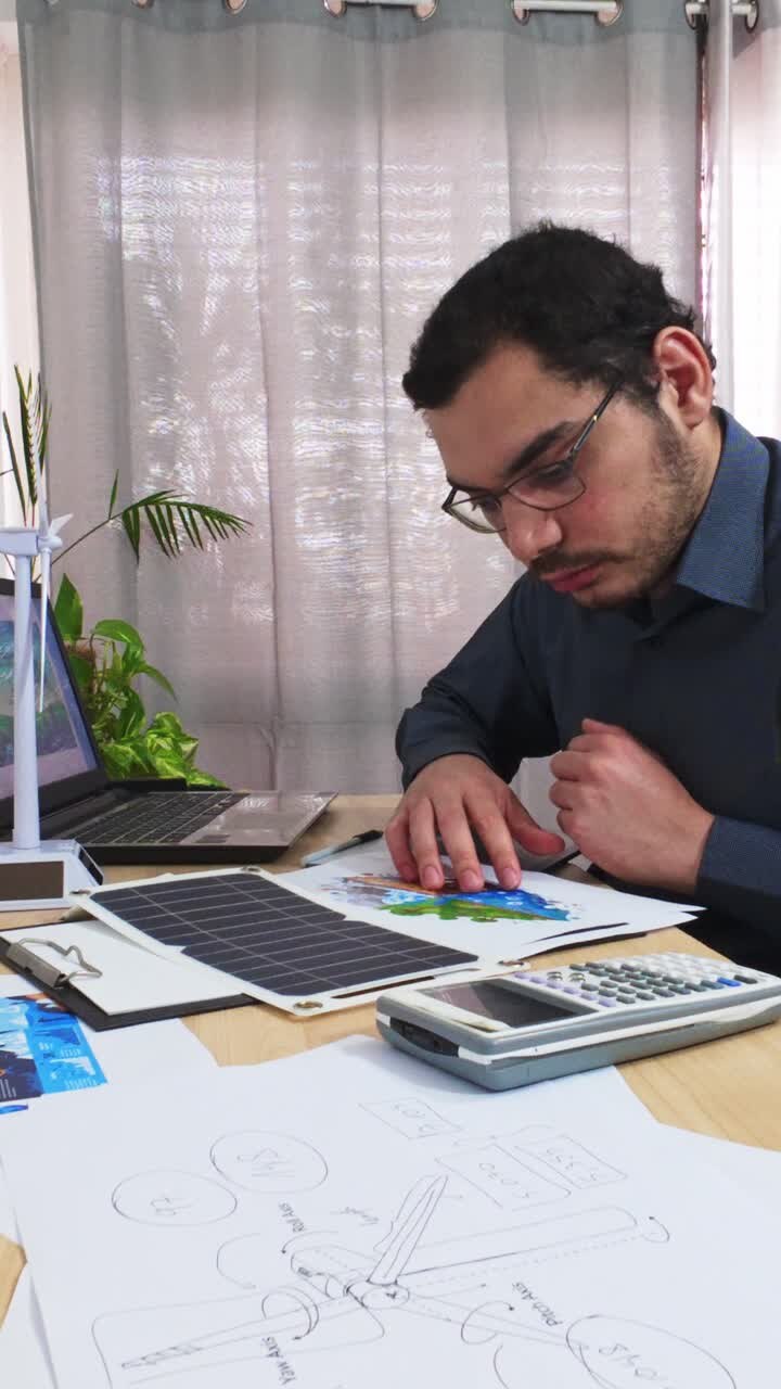 Engineer Examining a Small Photovoltaic Solar Panel on His Desk