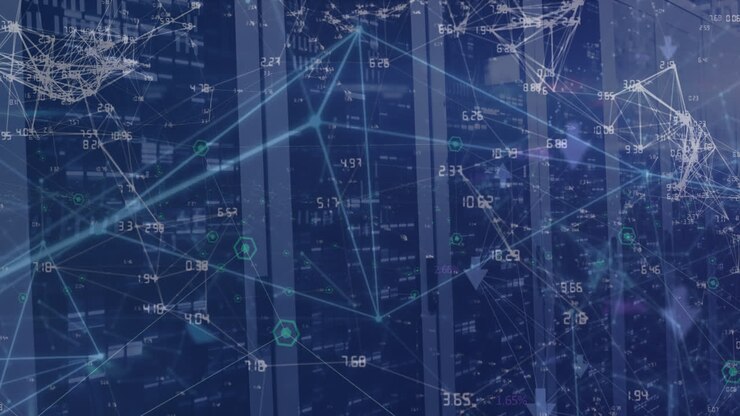 Animation of data processing over shapes and server room