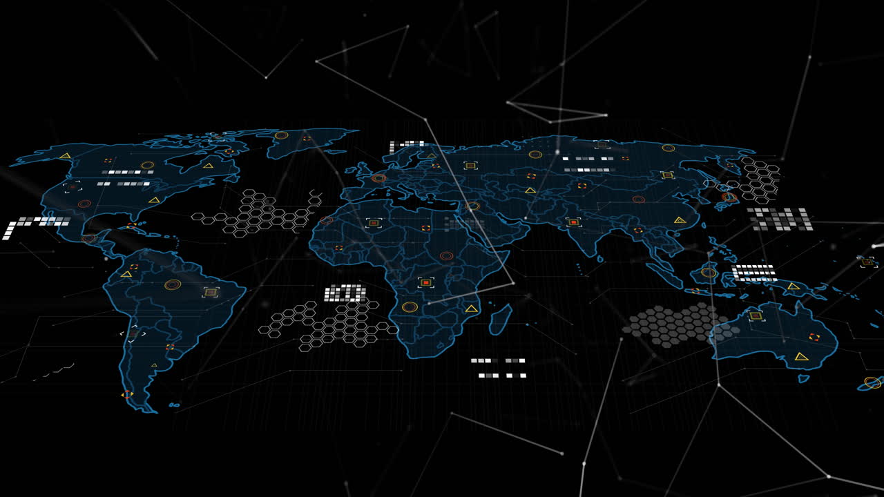 Animation of network of connections over world map on black background