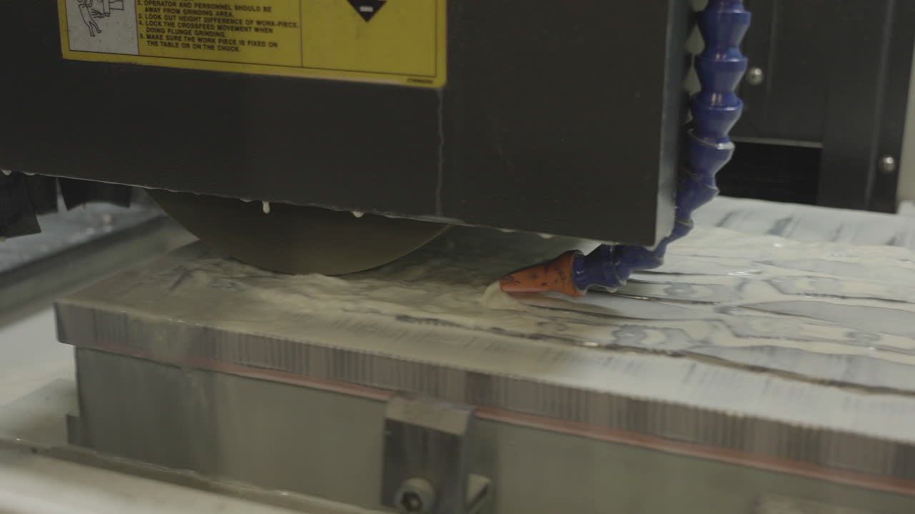 Knives Factory Industrial Process of Stainless Steel, Cooling Water and Grinder Machine, Close Up