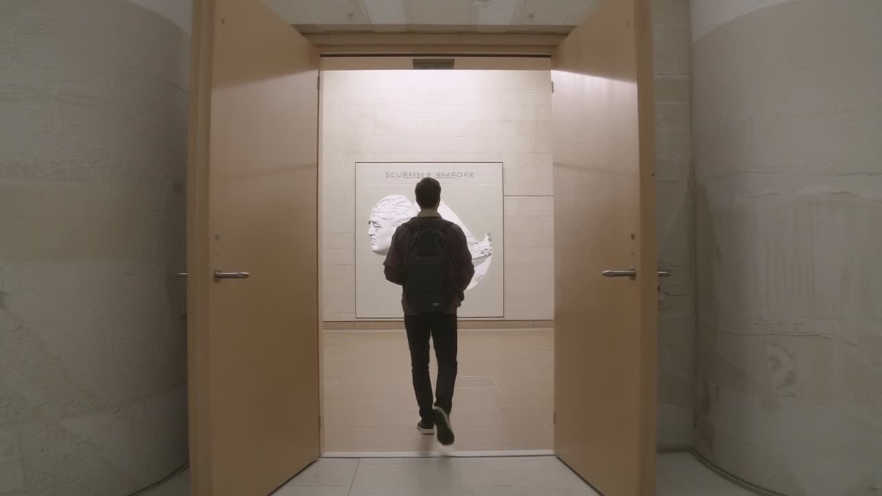 Observing artwork, man in jacket and backpack stepping through doors into gallery, viewing relief