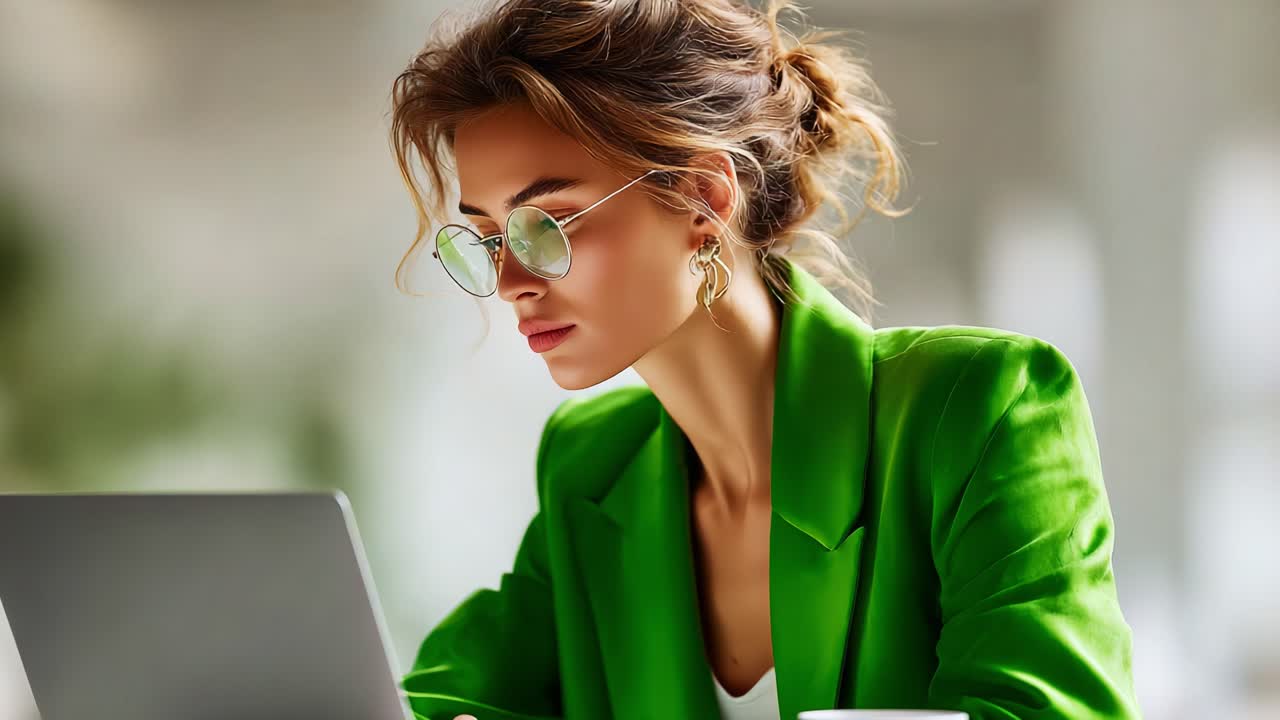 A focused young woman in a stylish green blazer working on a laptop, showcasing sophistication and concentration in a modern environment, embodying a blend of professionalism and elegance