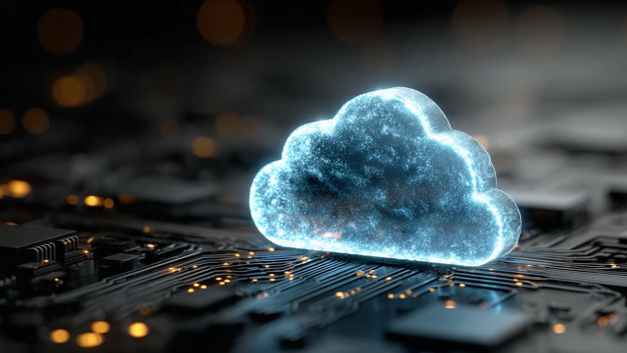 Un simbolo di nuvola luminosa sopra un design astratto di un circuito stampato, che rappresenta la moderna tecnologia digitale e le innovazioni del cloud computing in un ambiente futuristico