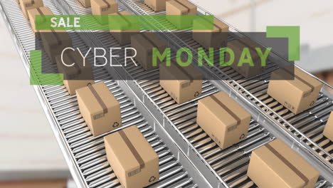 animation of cyber monday sale text over cardboard boxes on conveyor belts