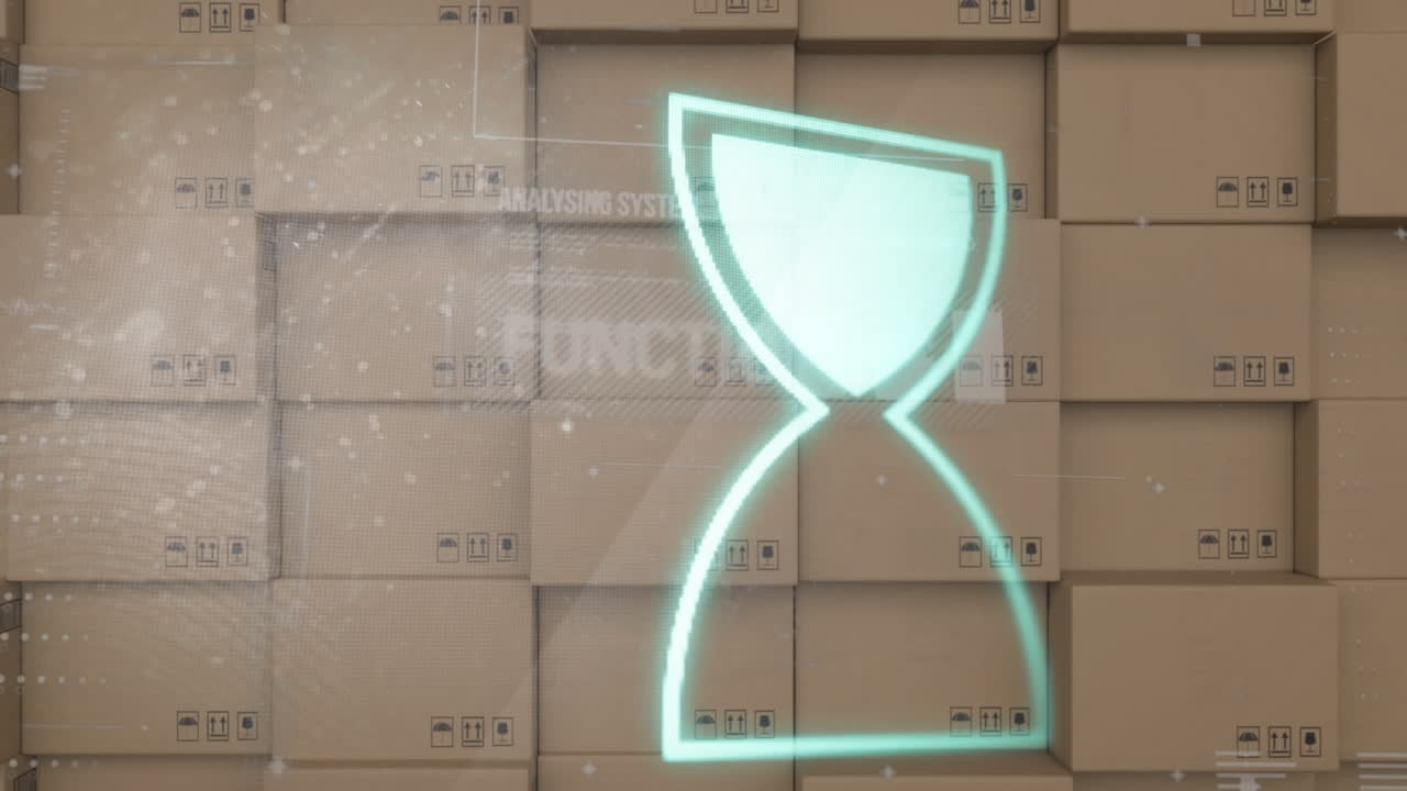 анимация обработки данных с песочными часами, вращающимися над стопом картонных ящиков