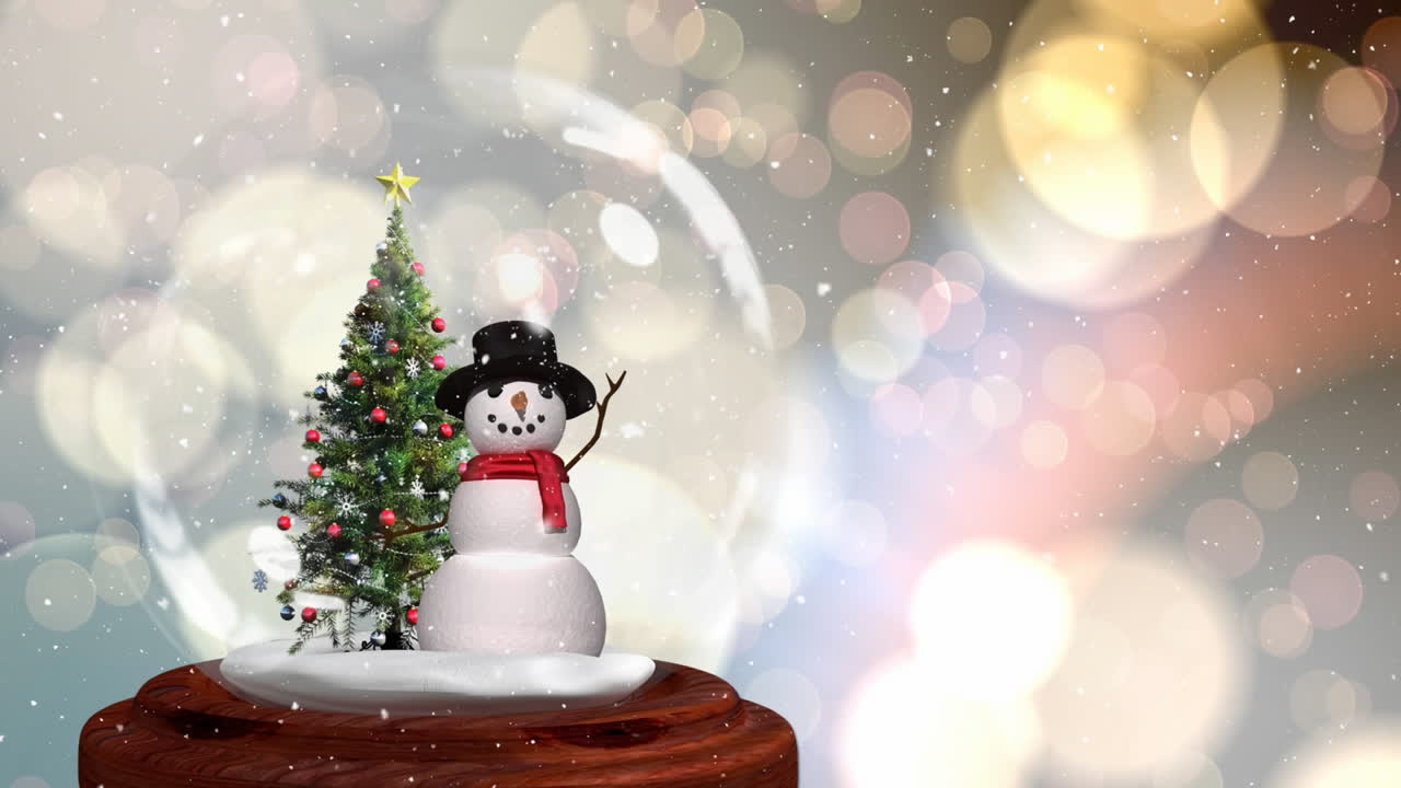 linda animación navideña del muñeco de nieve y el árbol de navidad en el globo de nieve 4k