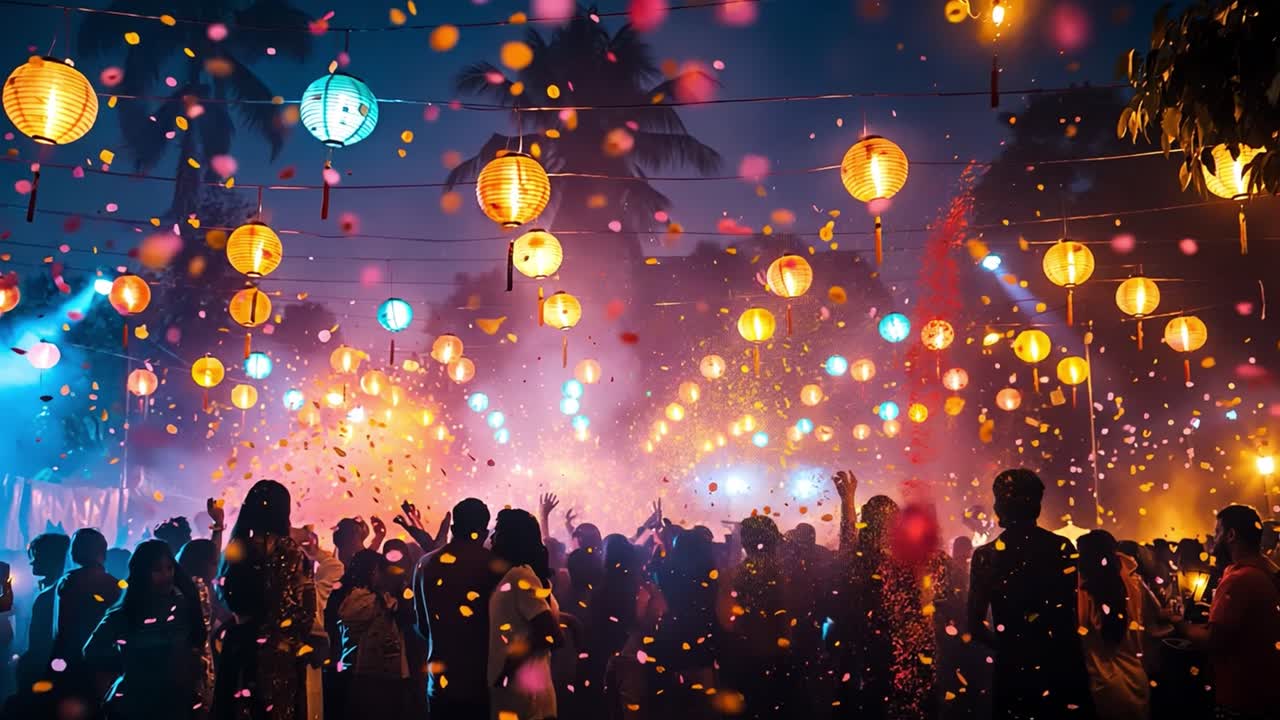 Vibrant Night Festival with Dancing Crowds and Lanterns