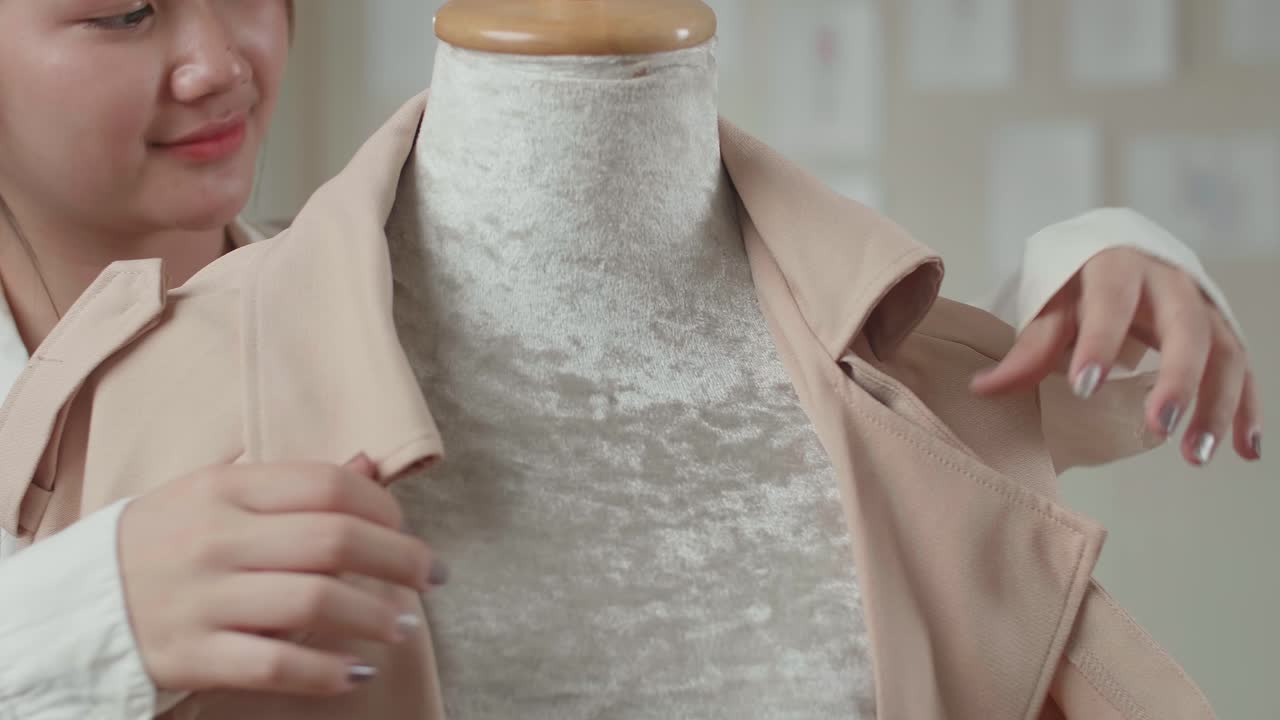 Person Fitting a Beige Trench Coat on a Mannequin