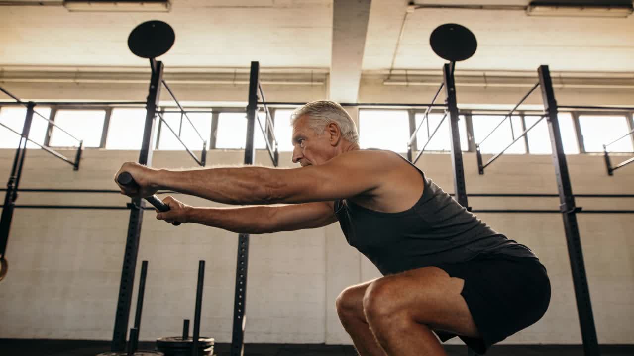 Starting wide stance, senior man wearing sleeveless top holding bar doing squat at gym for strength