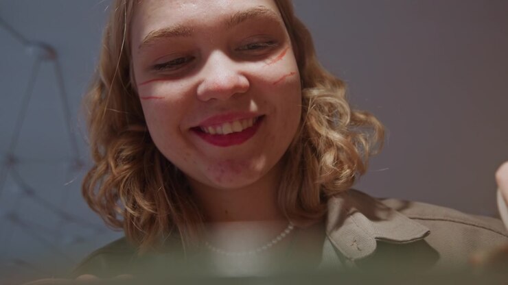 Close-up van jonge vrouw met krullend haar, gekleed in casual kleding en sieraden, die eetgerei vasthoudt in een binnenomgeving. De scène toont haar met voorwerpen zoals bestek.