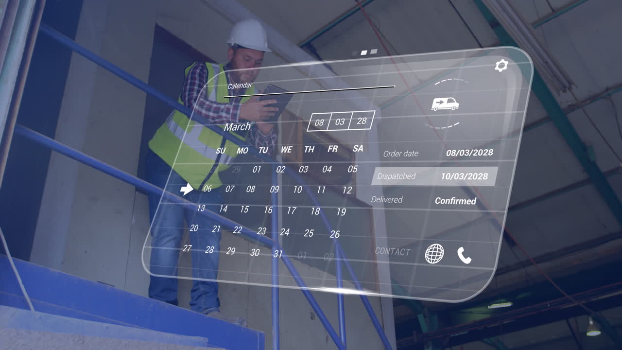 animación de la interfaz con el procesamiento de datos contra un trabajador masculino biracial que utiliza una tableta en el almacén